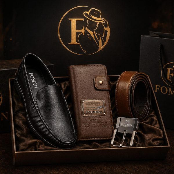 FOMEN Premium 100% Genuine Leather Shoe, Belt & Wallet Combo