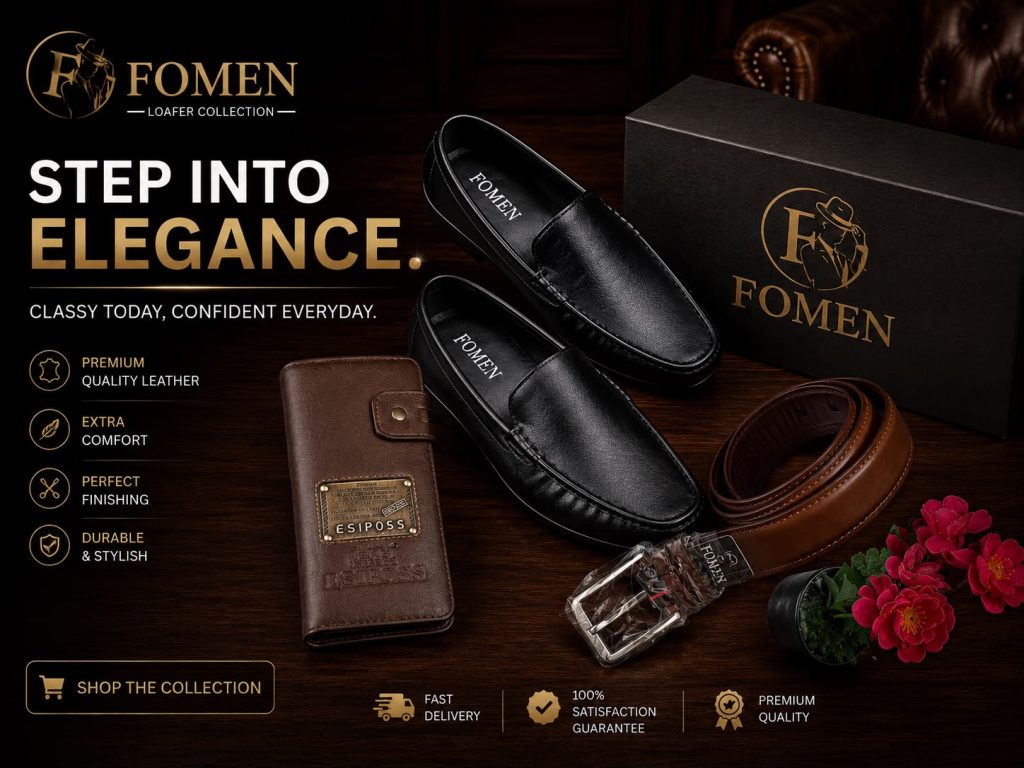 FOMEN Premium 100% Genuine Leather Shoe, Belt & Wallet Combo