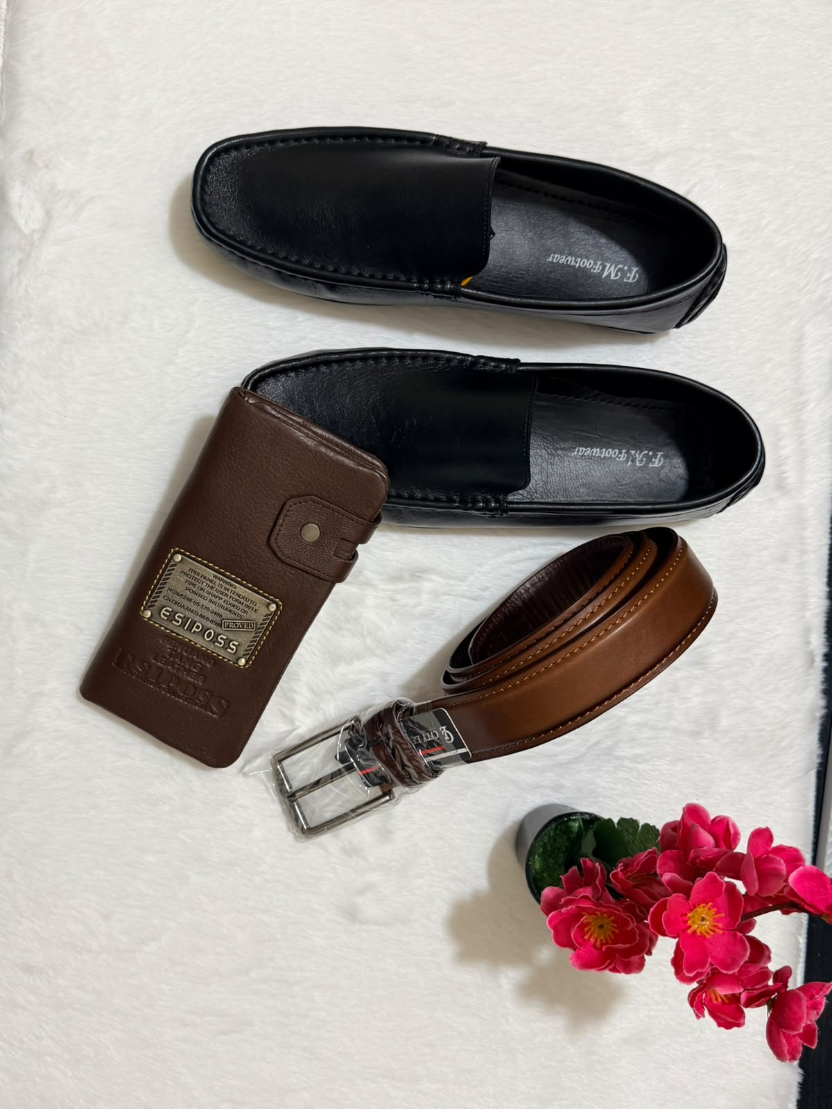 FOMEN premium loafer combo with black leather loafers, brown leather belt and wallet